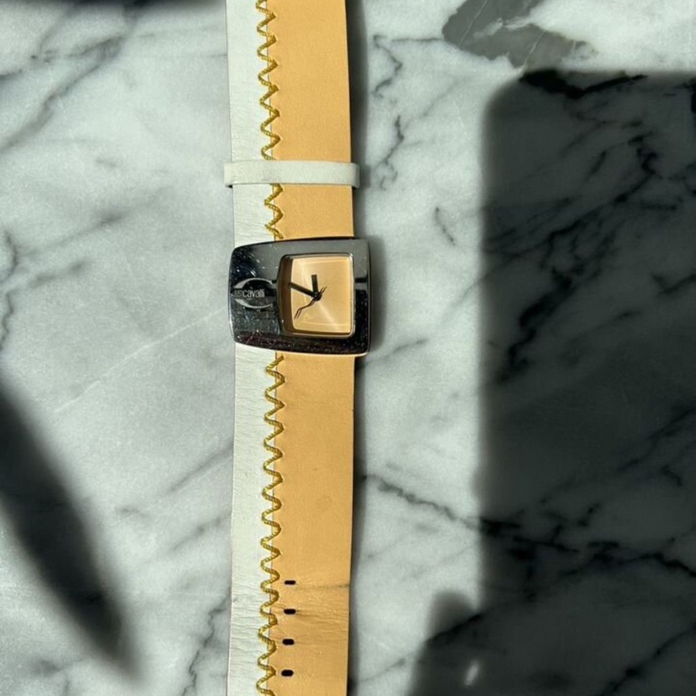 Roberto Cavalli Silver and Tan Watch with White Strap